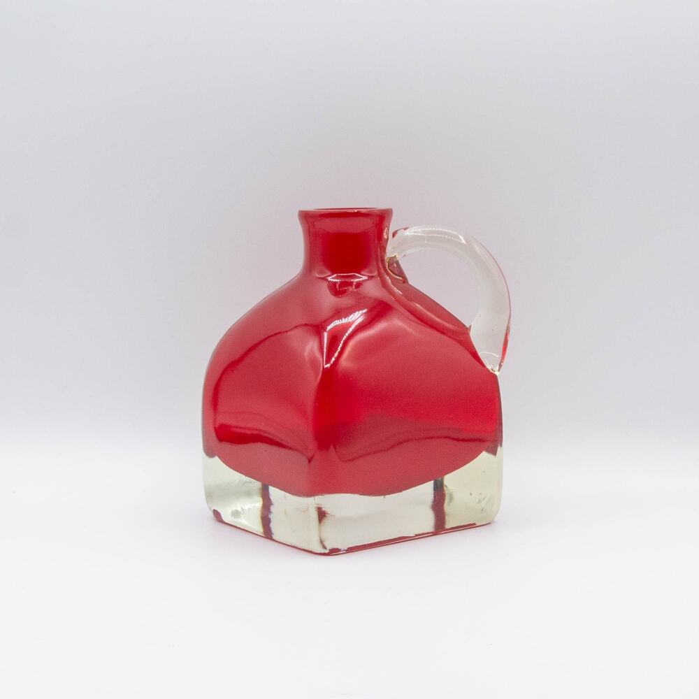 Gorgeous Designs Ruby Red Art Glass Pitcher Clear Applied Handle Heavy Base